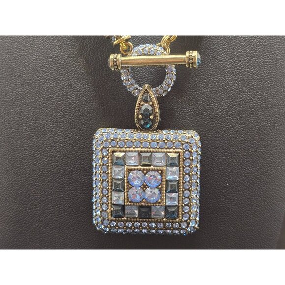 Heidi Daus Pearl Necklace Rhinestone Square Pendant Pale Aqua Blue - Picture 9 of 12